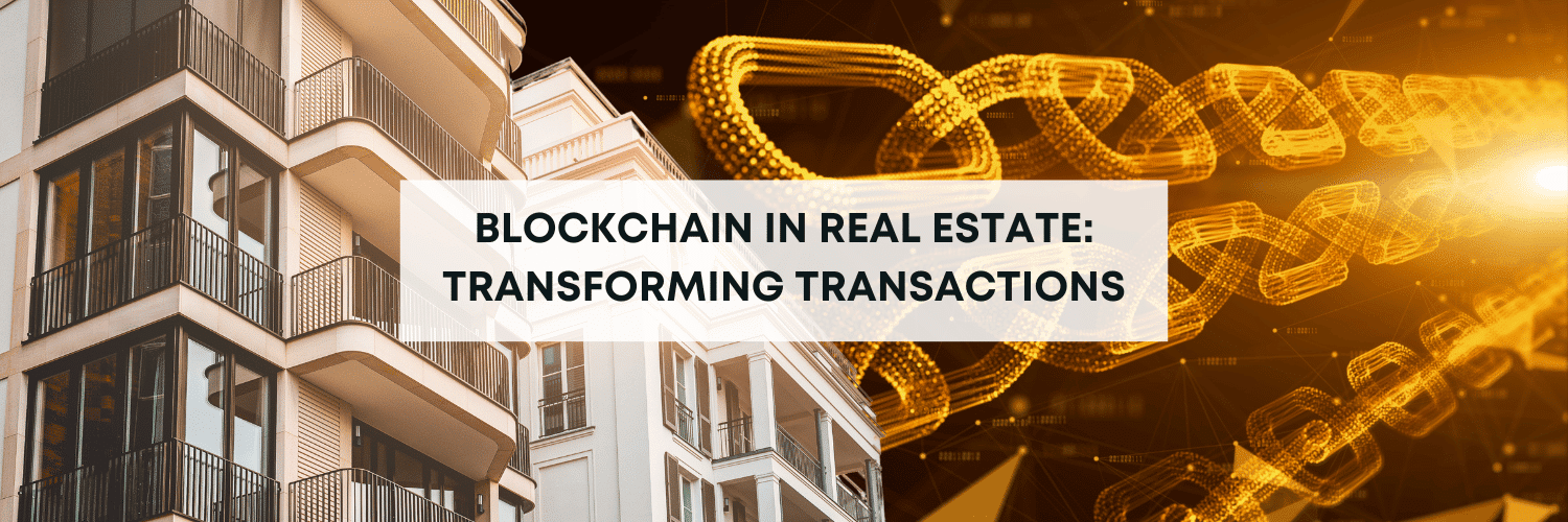 An illustration depicting blockchain technology transforming commercial real estate transactions, symbolizing transparency, security, and efficiency.